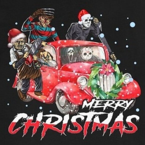 Horror Merry Christmas Gothic Festive Graphic Tee Funny Holiday Fan Gift Shirt - Picture 2 of 5